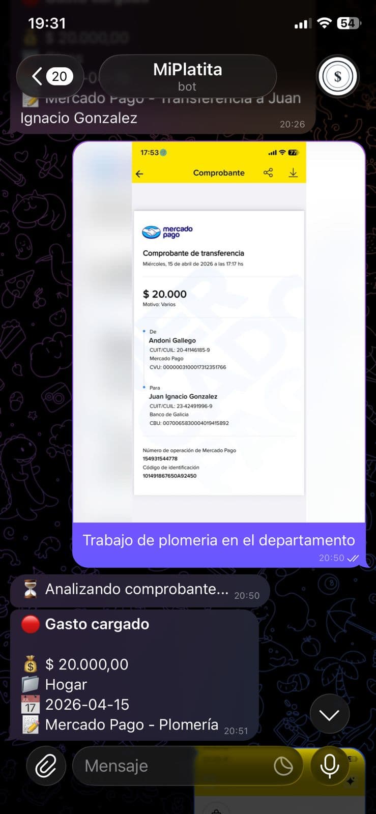 Chat de Telegram del bot de MiPlatita procesando un comprobante