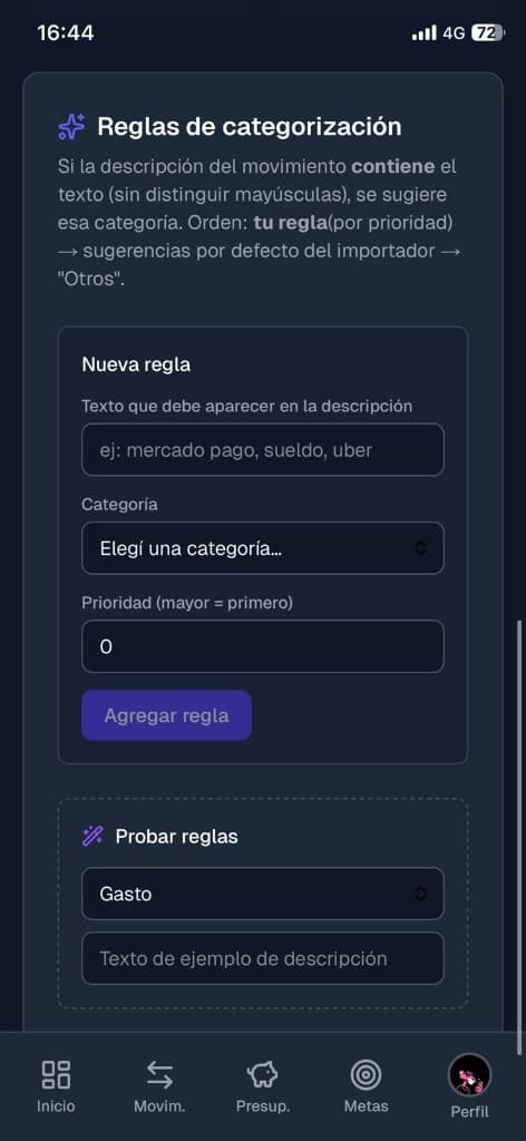 Reglas de categorización por descripción